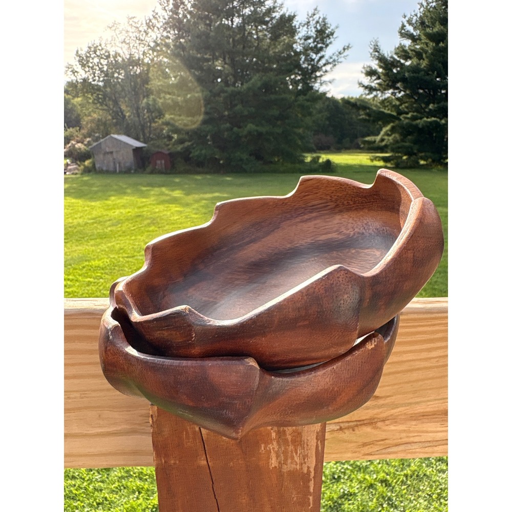 Vintage Hand Crafted Monkey Pod Wood Scalloped Bowls Set of 2 Philippines 6 Inch